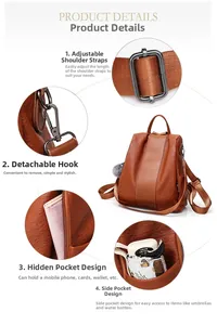Detail view of brown pebbled leather backpack with adjustable straps and side pockets