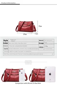 Detailed size chart of red pebbled leather shoulder bag with internal compartment view