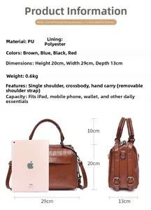 Detailed size comparison and specifications of the crocodile-textured Boston bag with iPad