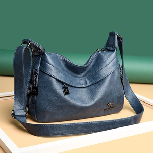 Navy blue faux leather shoulder bag for women with multi-zipper pockets and litchi texture