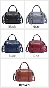 Detailed grid view of five wax leather pillow bags in black, grey, blue, red, and brown