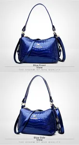 Vues détaillées avant et latérales d'un sac à main bleu avec texture motif crocodile