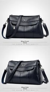 Detail of navy blue leather shoulder bag with metallic kangaroo logo and soft texture