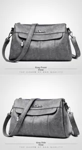 Detail view of grey textured PU leather shoulder bag with flap magnetic pocket and strap