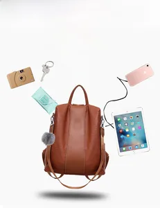 Brown pebble leather backpack showing interior capacity for iPad, camera, and accessories