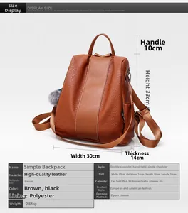 Detailed size chart for brown leather backpack with dimensions and material specifications