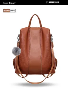Brown faux leather backpack featuring pebbled texture and cute grey pompom accessory