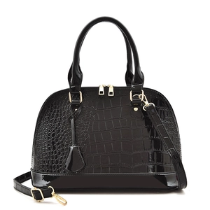 Glänzende schwarze Henkeltasche mit Krokoprägung, Muschelform und goldener Hardware
