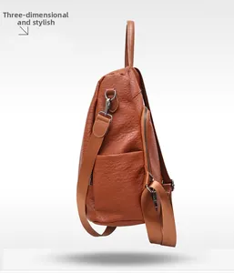 Side view of structured brown litchi pattern leather backpack with metallic zippers