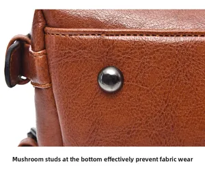 Macro shot of protective metal rivets on brown pebbled leather handbag bottom