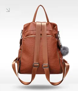 Back view of brown lychee grain leather backpack with fabric straps and plush charm