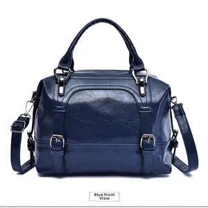Front view of a dark blue oil wax texture Boston bag with silver buckle details