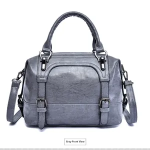 Detailed front view of grey oil wax leather Boston handbag with textured finish
