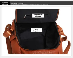 Interior view showing zippered wall pocket and spacious main compartment of the leather backpack