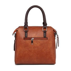 Borsa a mano retrò in pelle PU marrone con doppi manici scuri e tasca con zip argentata