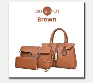 Dreiteiliges braunes Handtaschen-Set aus Leder mit Tragetasche, Kette und langem Wallet