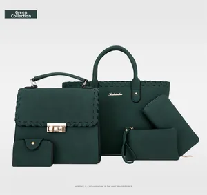Vue détaillée d'un ensemble de 5 sacs à main en cuir vert mat avec surpiqûres tressées