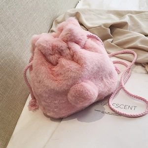 Women Faux Fur Bucket Bag Plush Crossbody Handbag Drawstring Closure Pompom Decor Winter Sweet Soft Shoulder Bag Casual