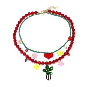 Collier Double Couche En Perles Alliage De Zinc Émail Cactus Cœur Pendentifs Fleurs Vacances D'été Bijoux Bohème Femmes