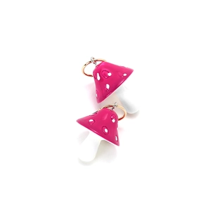 Fashionable pink mushroom drop earrings with white spots and golden metal hoops