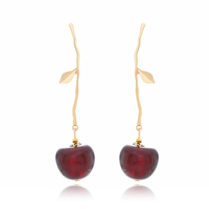 Cherry Drop Earrings For Women Resin Fruit Vintage Gold Branch Style Alloy Leaf Stainless Steel Earring Post Jewelry