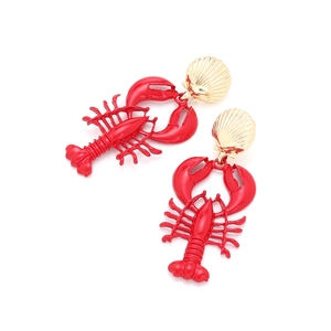 Chic red lobster pendant earrings with golden shell studs for women in a creative design
