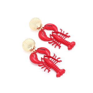 Quirky red lobster earrings with gold shell studs and enamel crustacean pendants