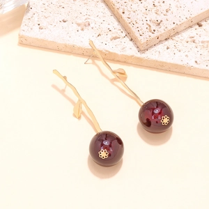 Vintage long cherry drop earrings with deep red resin fruits and golden branch hooks