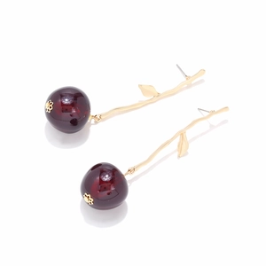 Fashionable long cherry drop earrings with deep red resin beads and golden leaf stems