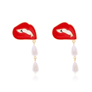 Red Lips Enamel Drop Earrings With White Imitation Artificial Pearl Teardrop Dangle Pop Art Style Fashion Jewelry For Women