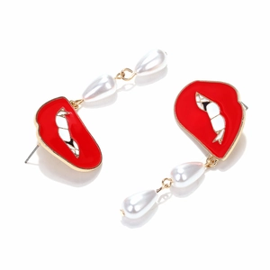 Chic layered red enamel lip earrings with elegant white faux pearl drop pendants