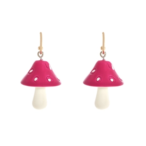 Colorful mushroom drop earrings with pink spotted glaze and gold-plated metal hooks
