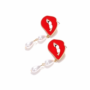 Exaggerated multilayer red enamel lip earrings with hanging white pearl pendants