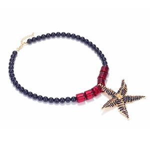 Summer ocean style handmade beaded necklace with starfish pendant and gold lobster clasp