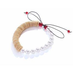 Exaggerated handmade necklace featuring wood pieces and faux pearls in geometric style