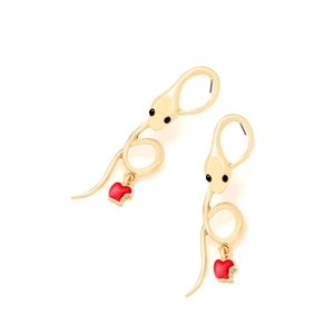 Creative gold snake earrings featuring a red bitten apple pendant and black crystal accents