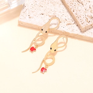 Snake-shaped gold earrings with red heart pendants and sparkling rhinestones for women