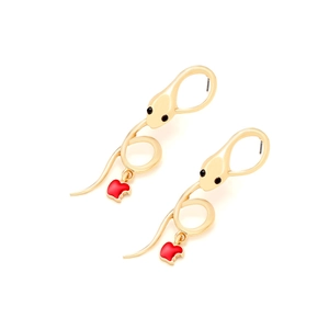 Detail of snake drop earrings with red enamel apple pendants and crystal eyes