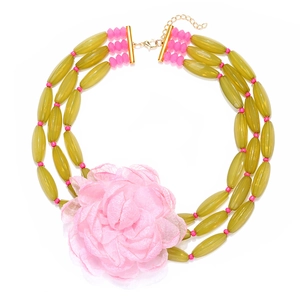 Three-layer beaded necklace with green beads and a large pink fabric flower detail