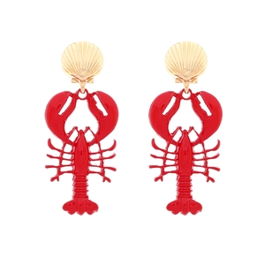 Exaggerated red lobster drop earrings with golden seashell studs and enamel finish