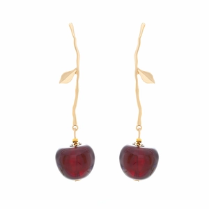 Fashionable cherry drop earrings with red resin fruit and golden wavy stems for women