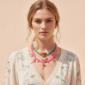 Collier Multi Rangs Avec Pendentifs Flamant Cœur Fleur Künstliche Perles Résine Fausse Künstliche Perle Corde Tressée Bijoux Été Bohème Femme