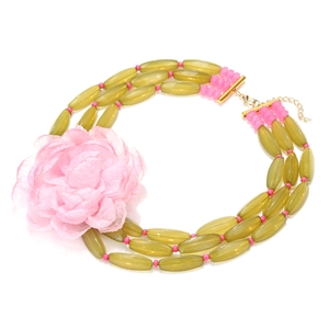 Three-layer olive green beaded necklace with large pink fabric flower for summer style
