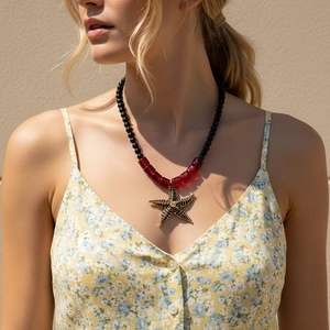 Bohemian Ocean Style Starfish Pendant Necklace With Resin Beads And Zinc Alloy For Women