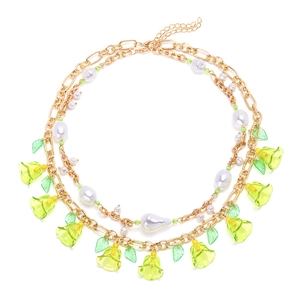 Collana Doppio Strato Lega Resina Mughetto Fiore Pendente Imitazione Perla Artificial Floreale Foglia Gioielli Dolce Estate Moda Donne