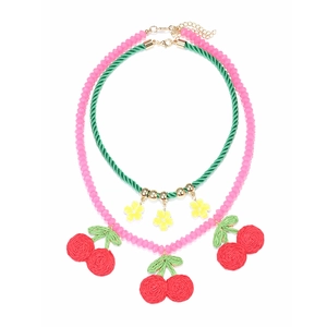 Layered Pink Beaded And Green Rope Necklaces Woven Cherry Pendant Enamel Flower Sweet Summer Jewelry For Women