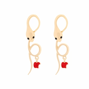 Creative gold snake earrings with red bitten apple charms and sparkling rhinestone accents