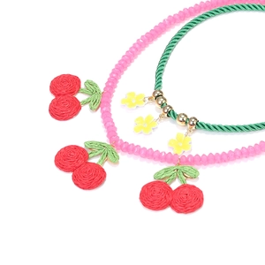 Summer luxury style woven cherry pendant necklace and yellow flower bead necklace set