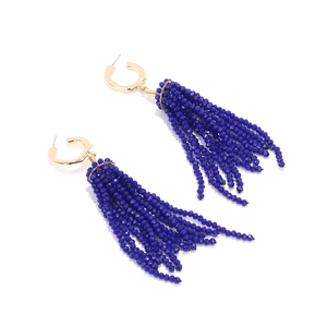 Elegant long royal blue crystal tassel earrings with golden C-hoop bohemian style drops