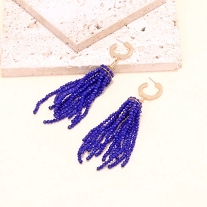 Exquisite long crystal tassel earrings with dark blue beads and golden C-shape hooks